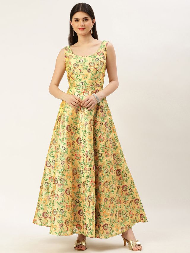 Bollywood Vogue Ready To Wear Beige Art Silk Jacquard Dress