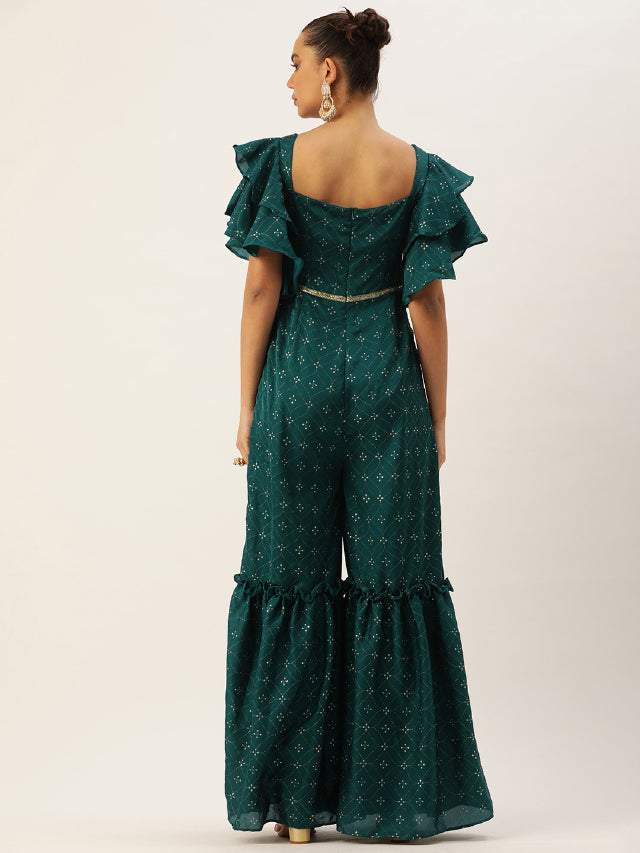 Bollywood Vogue Ready To Wear Teal Green Art Silk Foil Print Jumpsuit