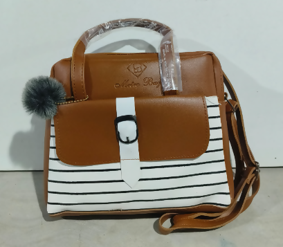 Striped Tan and White Handbag with Pom-Pom Accent For Women (TPT) NATIONALBAGS & BELTS