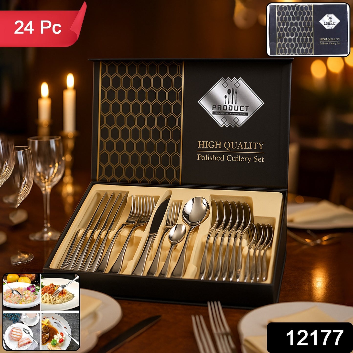 24 Pc Premium Stainless Steel Polished Cutlery Set – Elegant Dinnerware Set with Spoons, Forks & Butter Knife in Luxury Gift Box for Home