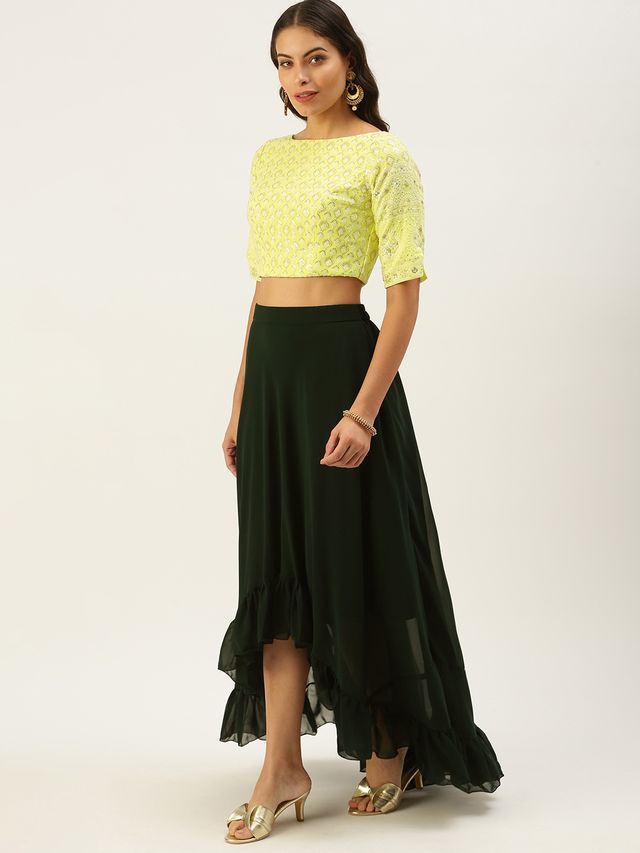 Bollywood Vogue Ready To Wear Lemon Yellow Embroidered Crop Top N Skirt