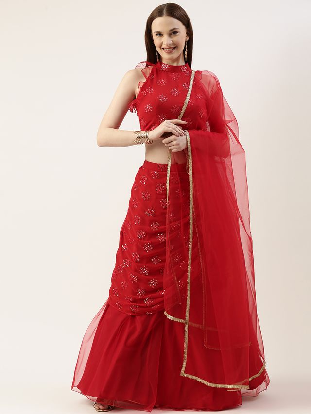 Bollywood Vogue Ready To Wear Red Georgette Draped lehenga Set