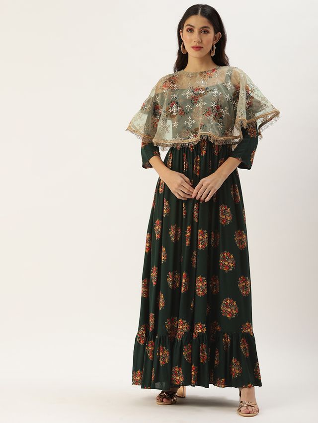 Bollywood Vogue Ready To Wear Green Rayon Printed Strap Neckline Dress