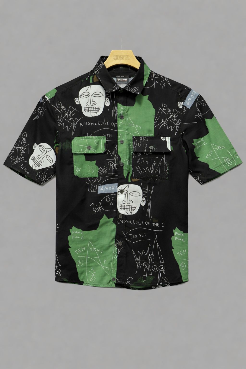 Henshika Men Printed Casual 3/4 Sleeve Shirt – Drop Style – Black - Front View