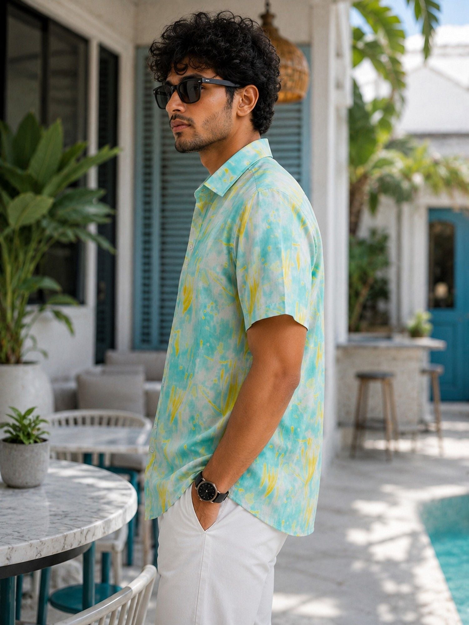 HENSHIKA Men's Casual Half Sleeve Printed Shirt - Relaxed Fit Cotton Blend - Blue Tie-Dye - View 3