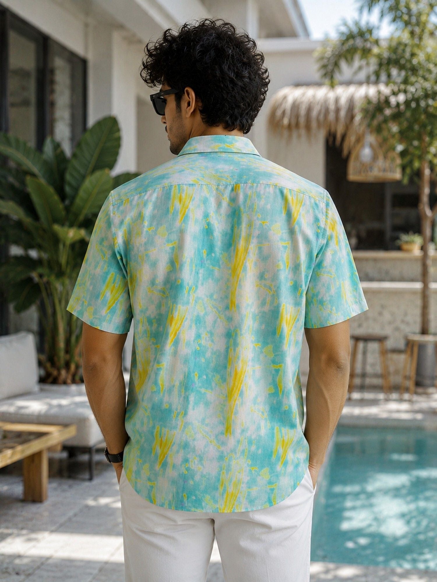HENSHIKA Men's Casual Half Sleeve Printed Shirt - Relaxed Fit Cotton Blend - Blue Tie-Dye - View 2