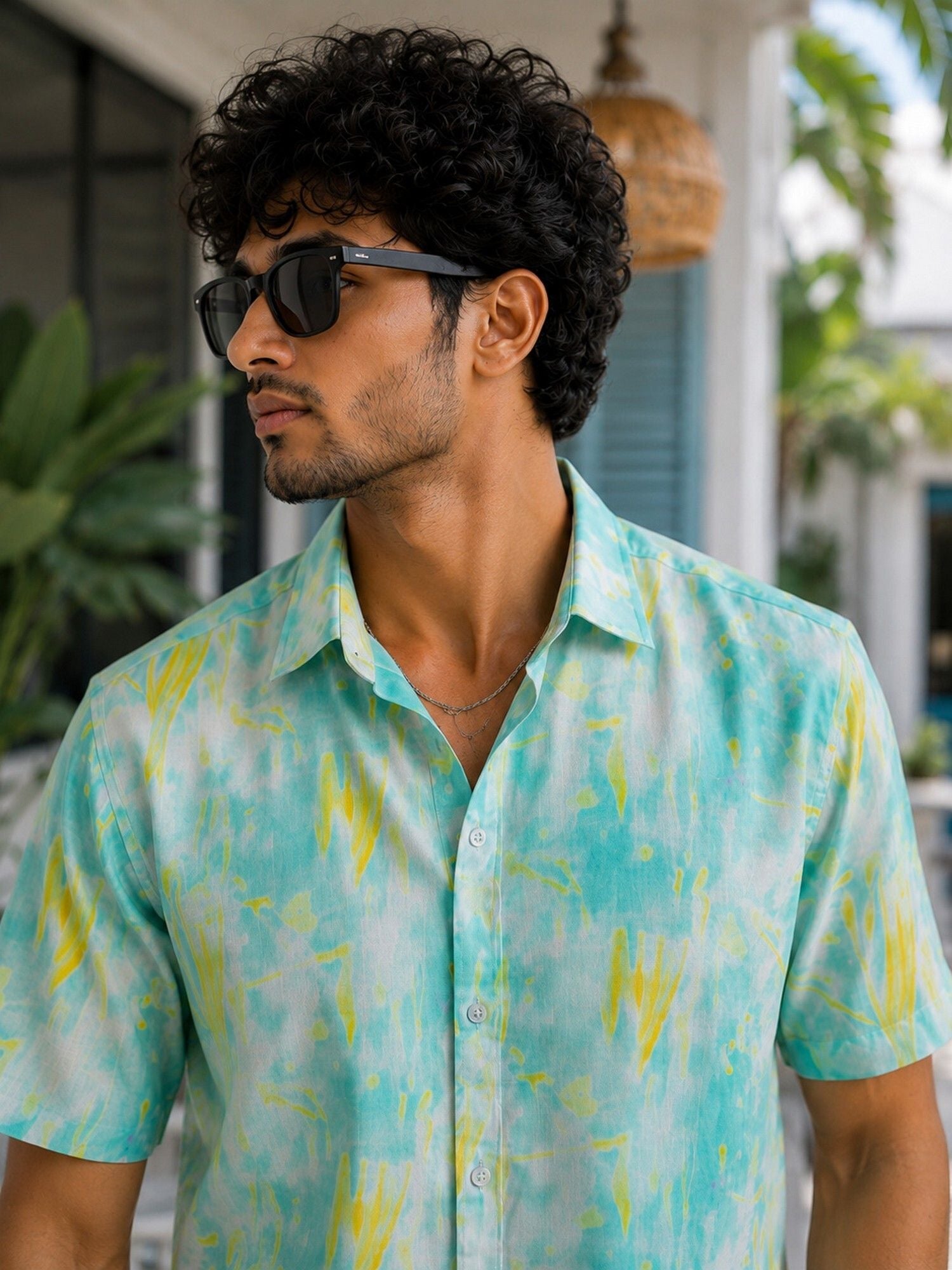 HENSHIKA Men's Casual Half Sleeve Printed Shirt - Relaxed Fit Cotton Blend - Blue Tie-Dye - View 4