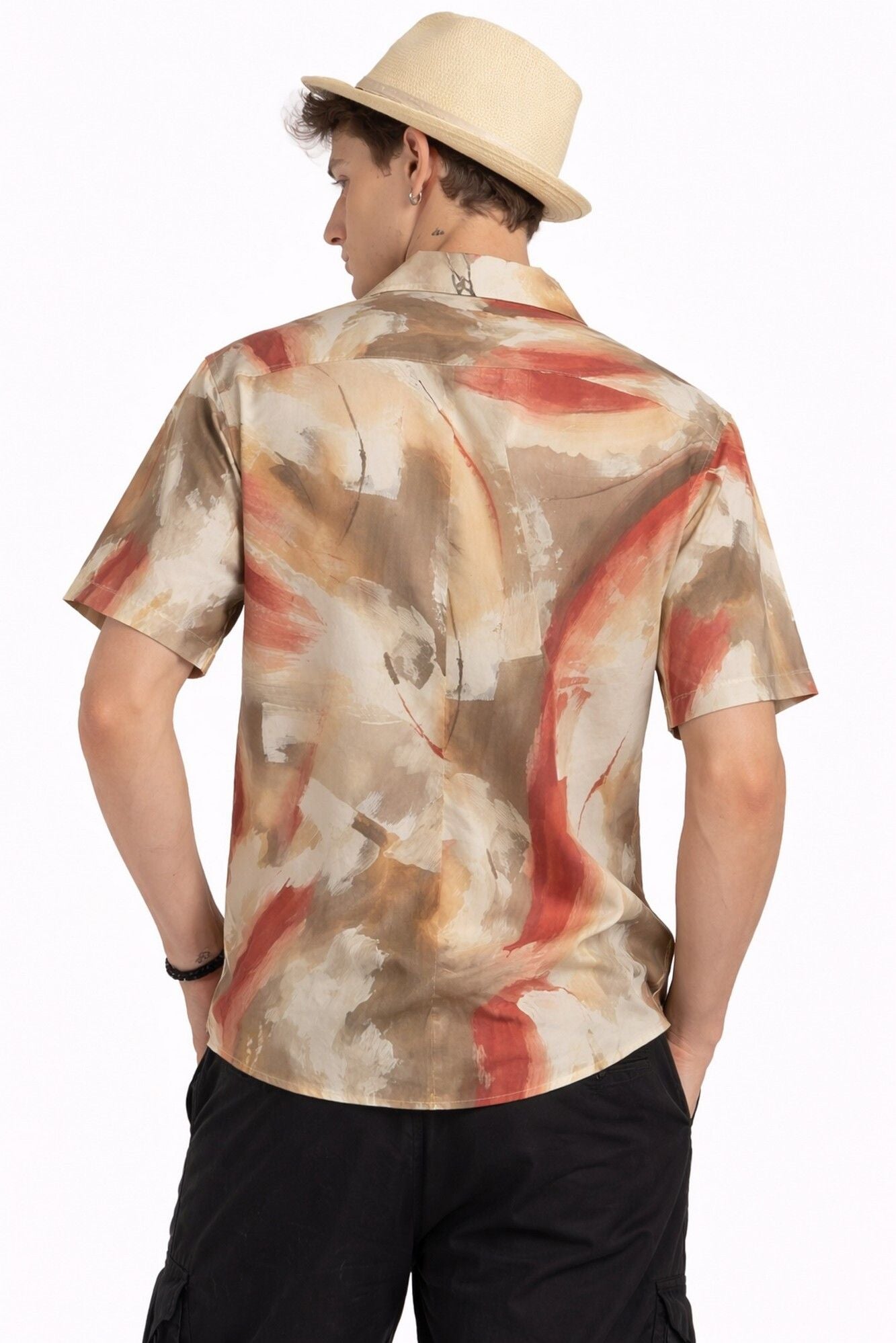 HENSHIKA Men's Casual Half Sleeve Printed Shirt - Relaxed Fit Cotton Blend - Red Abstract - View 2