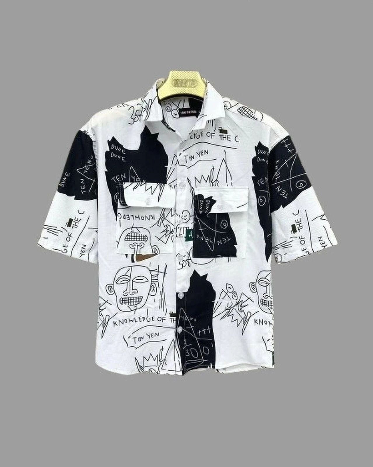 Henshika Unisex Oversized Printed Cut Away Collar Casual Shirt – White - Front View