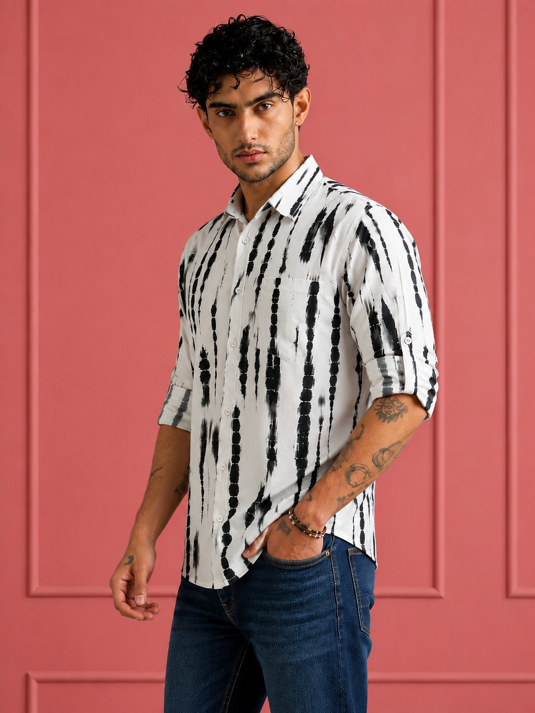AKSK Men's White & Black Tie-Dye Printed Casual Shirt | Cotton Fu – View 3