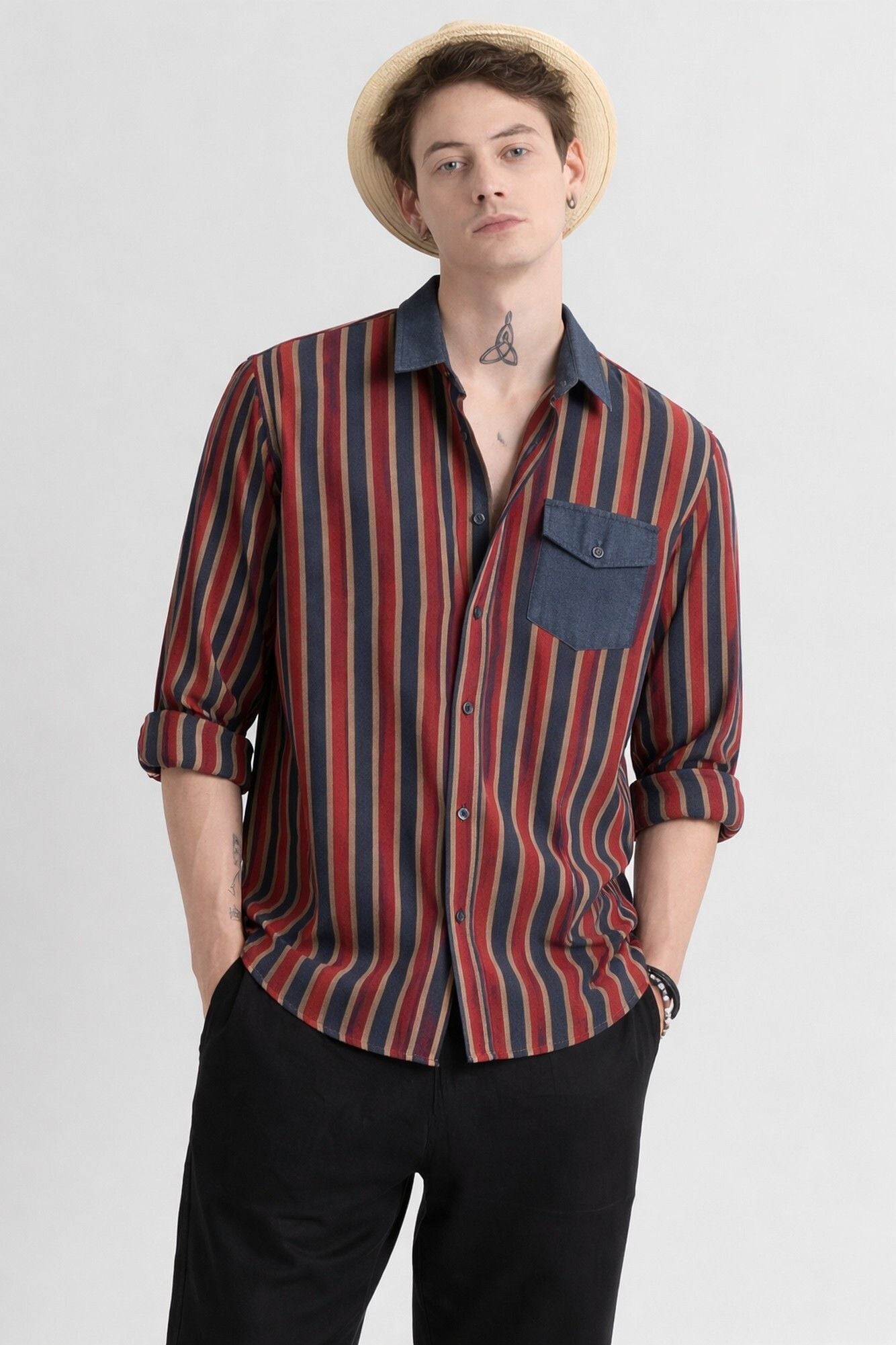 Henshika Men Striped Party Wear Full Sleeve Shirt – Red Line - View 2