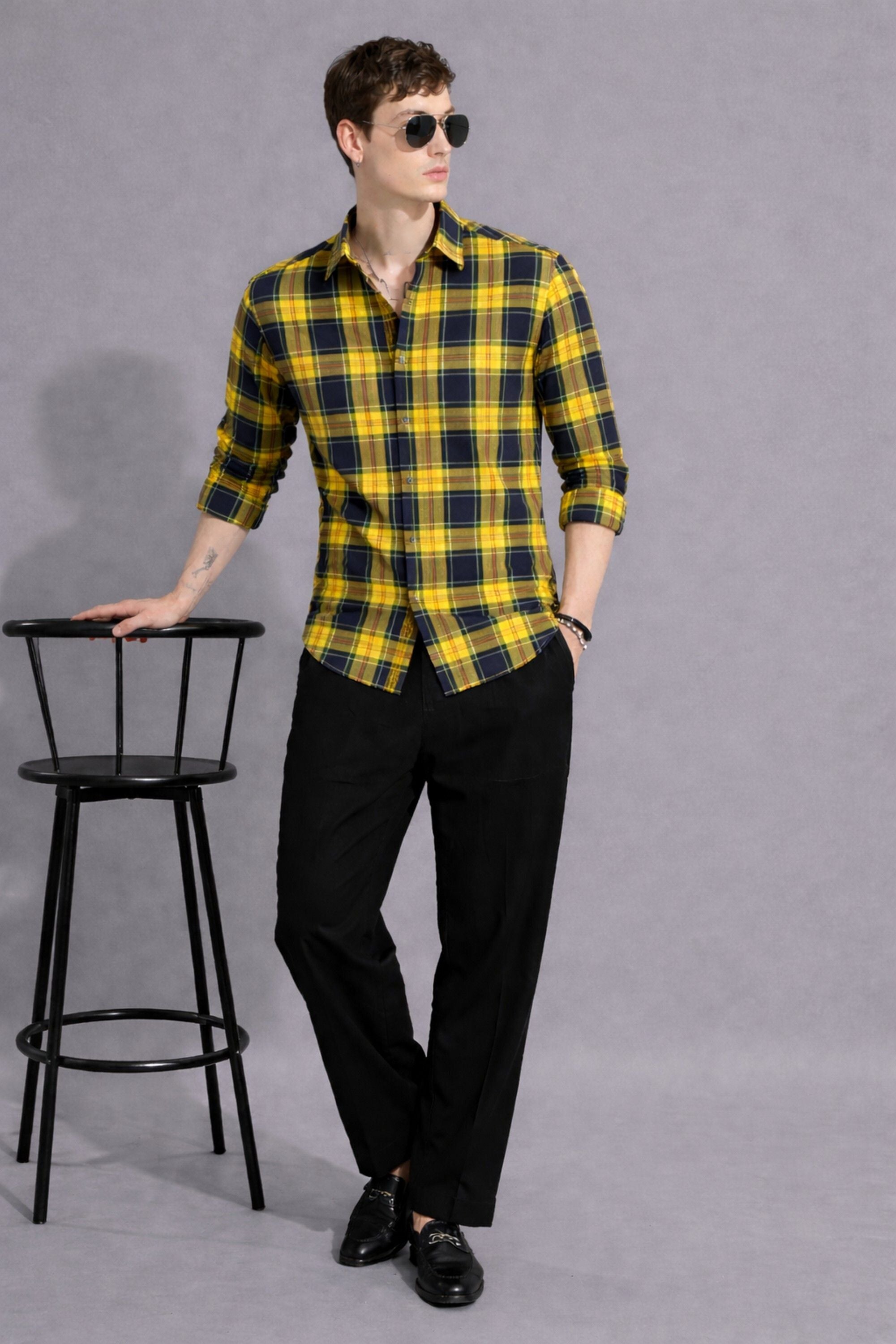 Henshika Men Printed Striped Casual Full Sleeve Shirt – Raja – Yellow&Blue - View 4