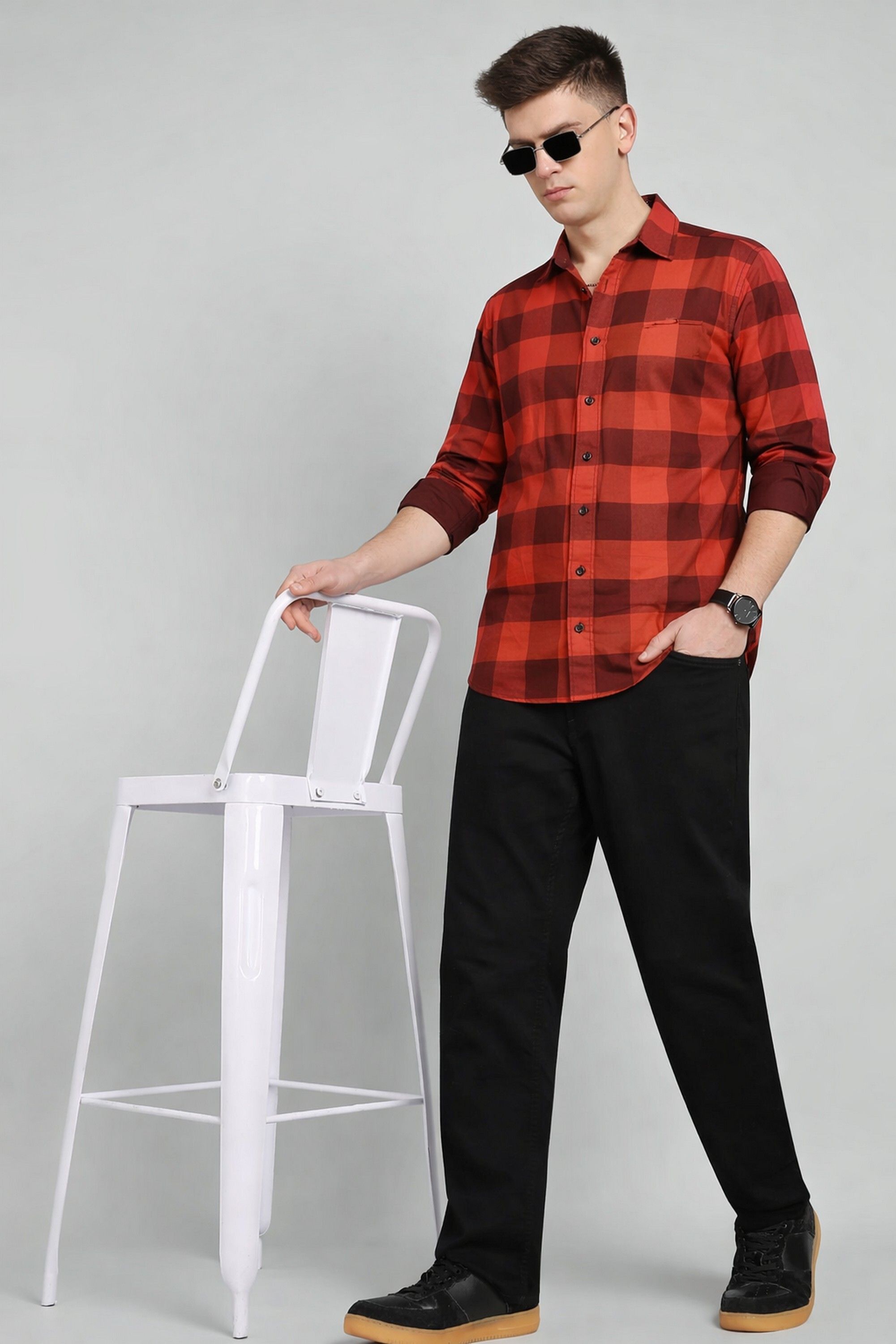 Henshika Men Printed Striped Casual Full Sleeve Shirt – Raja – Black&Red - View 4