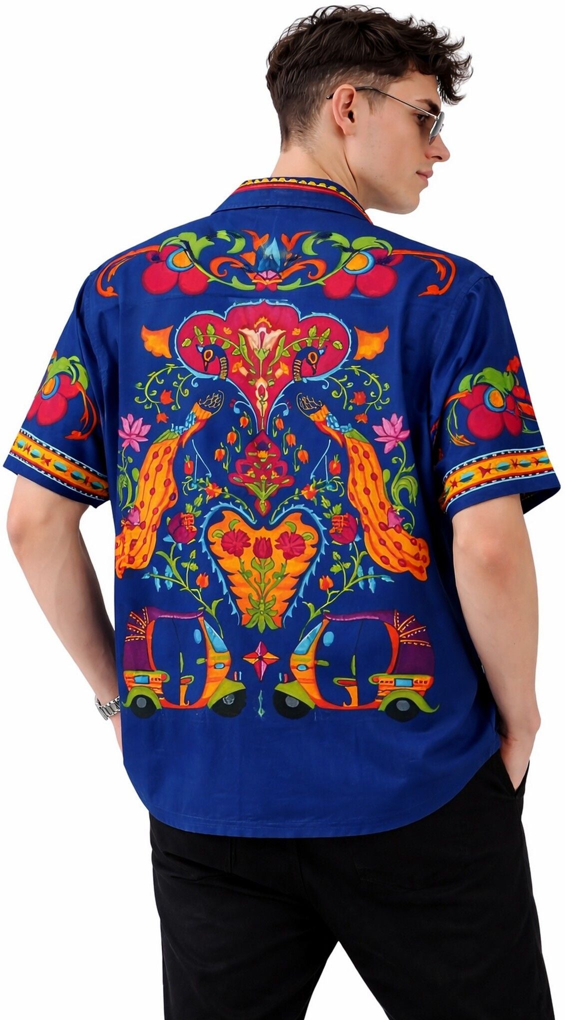 HENSHIKA Men's Printed Half Sleeve Casual Shirt | Raja Saab Blue Ethn – View 2