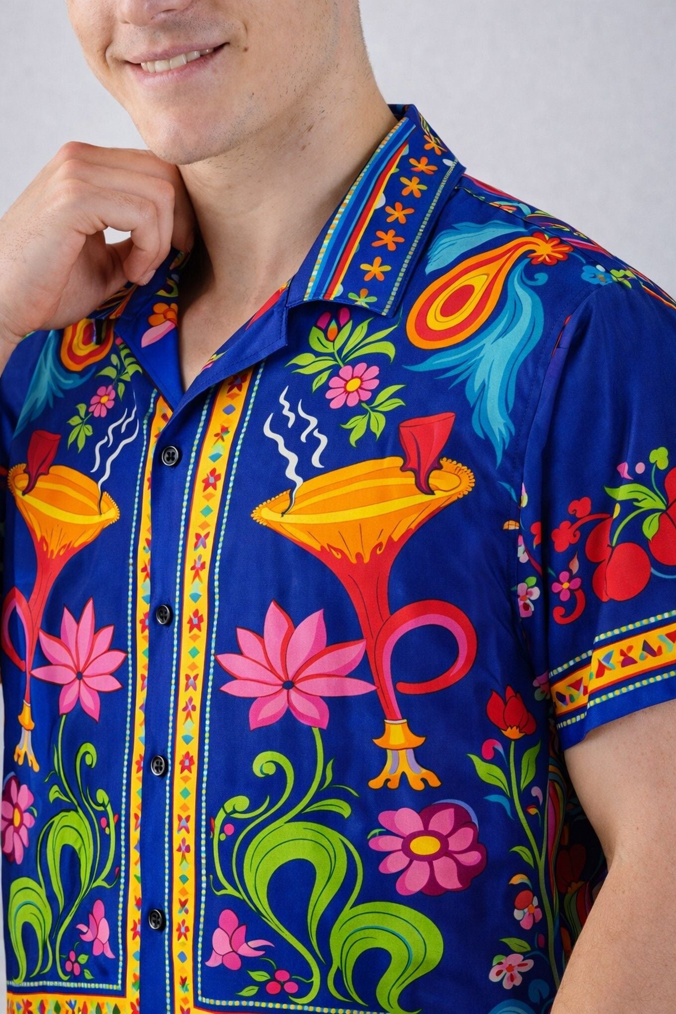 HENSHIKA Men's Printed Half Sleeve Casual Shirt | Raja Saab Blue Ethn – View 4