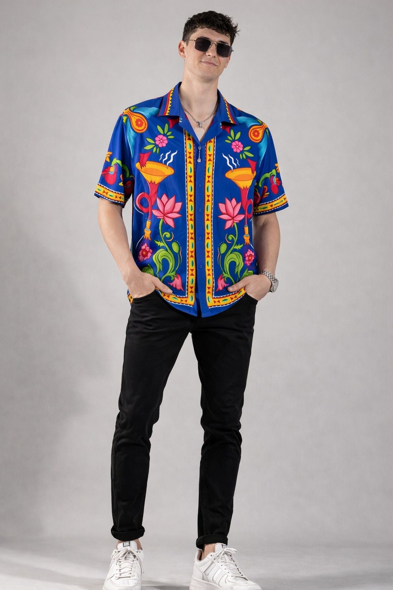 HENSHIKA Men's Printed Half Sleeve Casual Shirt | Raja Saab Blue Ethn – View 5