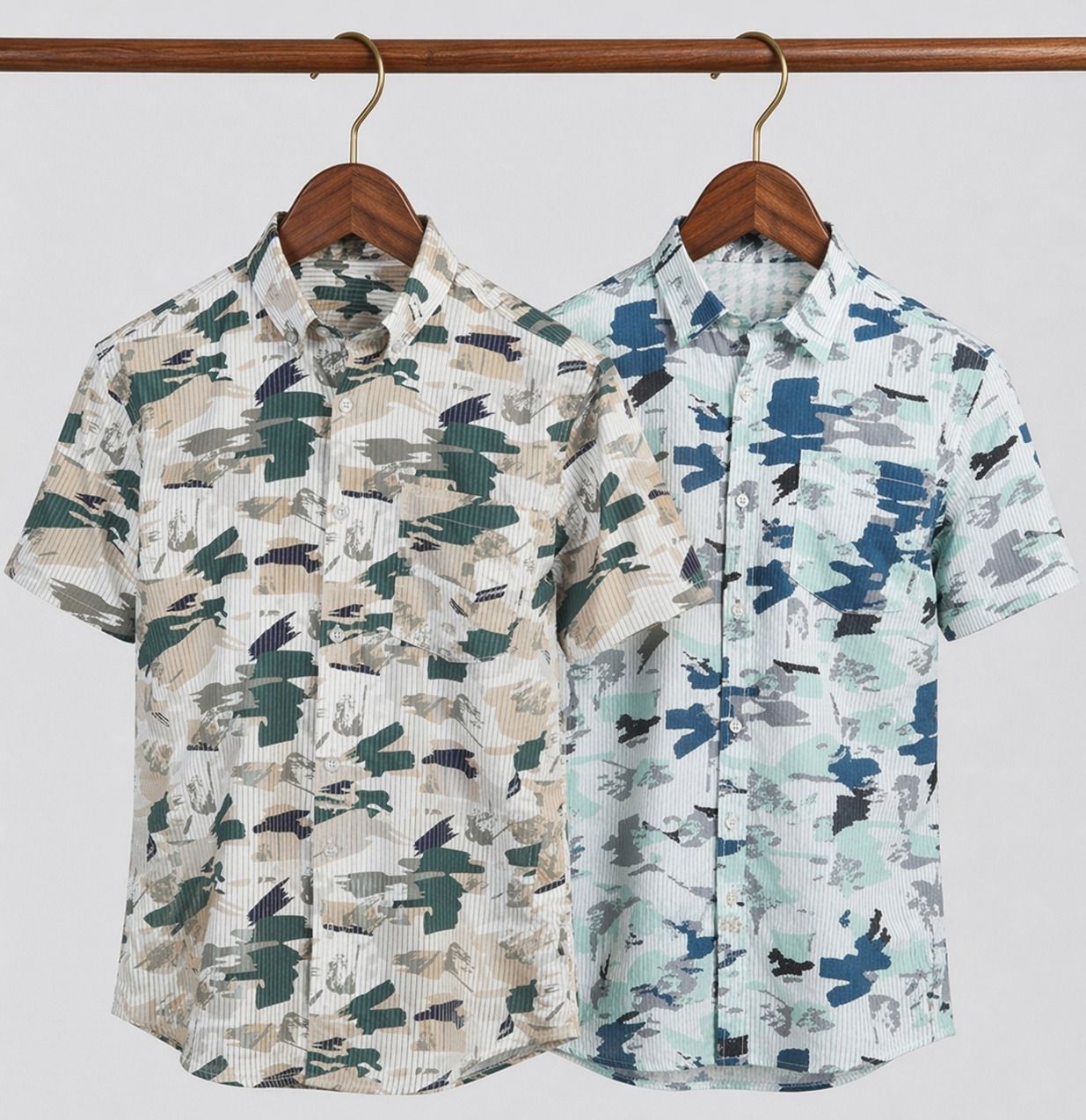 HENSHIKA Men Printed Casual Shirt Combo - Brown & Green (Airforce Print) - Front View