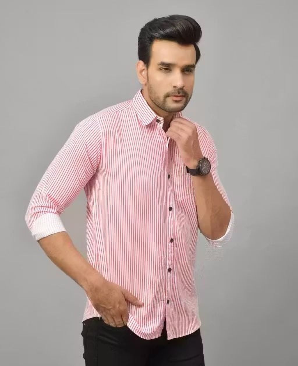 Henshika Men Striped Casual Full Sleeve Shirt – Small Line – Pink::White - View 3