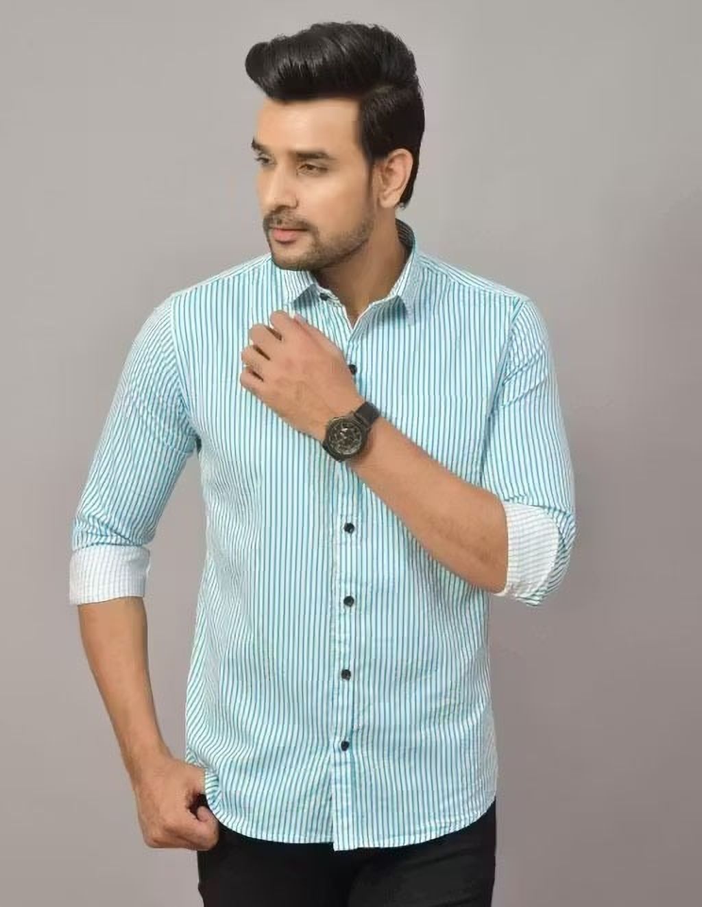 Henshika Men Striped Casual Full Sleeve Shirt – Small Line – Light Blue::White - View 4