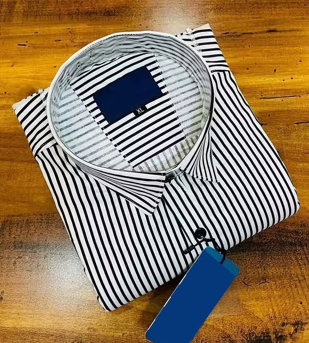 Henshika Men Striped Casual Full Sleeve Shirt – Small Line – Black::White - Front View