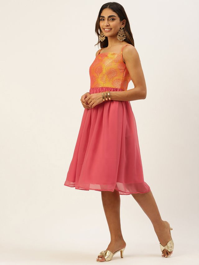 Bollywood Vogue Ready To Wear Mustard Taffeta Jacquard N Pink Dress