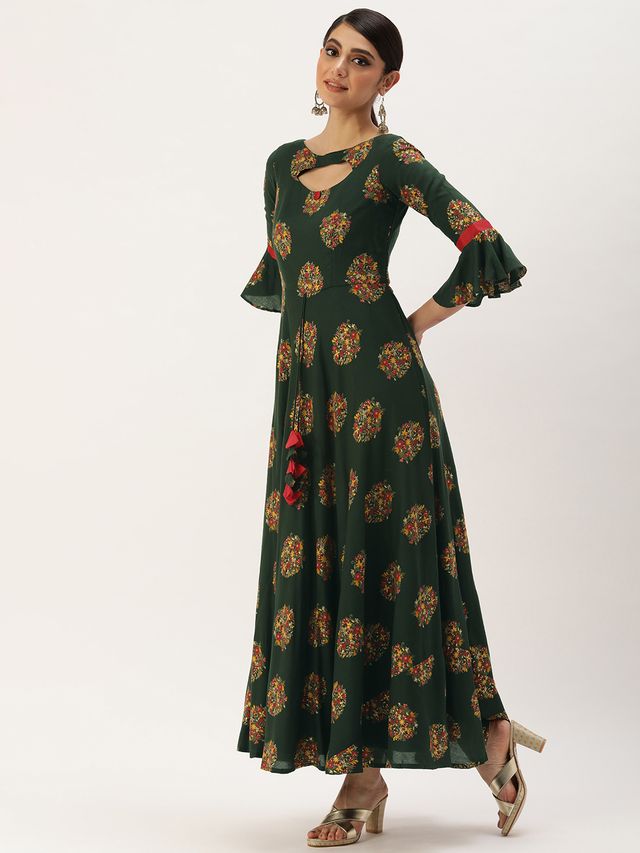 Bollywood Vogue Ready To Wear Green Rayon Printed Maxi Dress