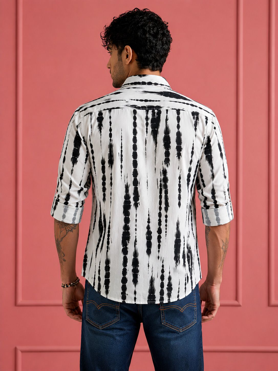 AKSK Men's White & Black Tie-Dye Printed Casual Shirt | Cotton Fu – View 2