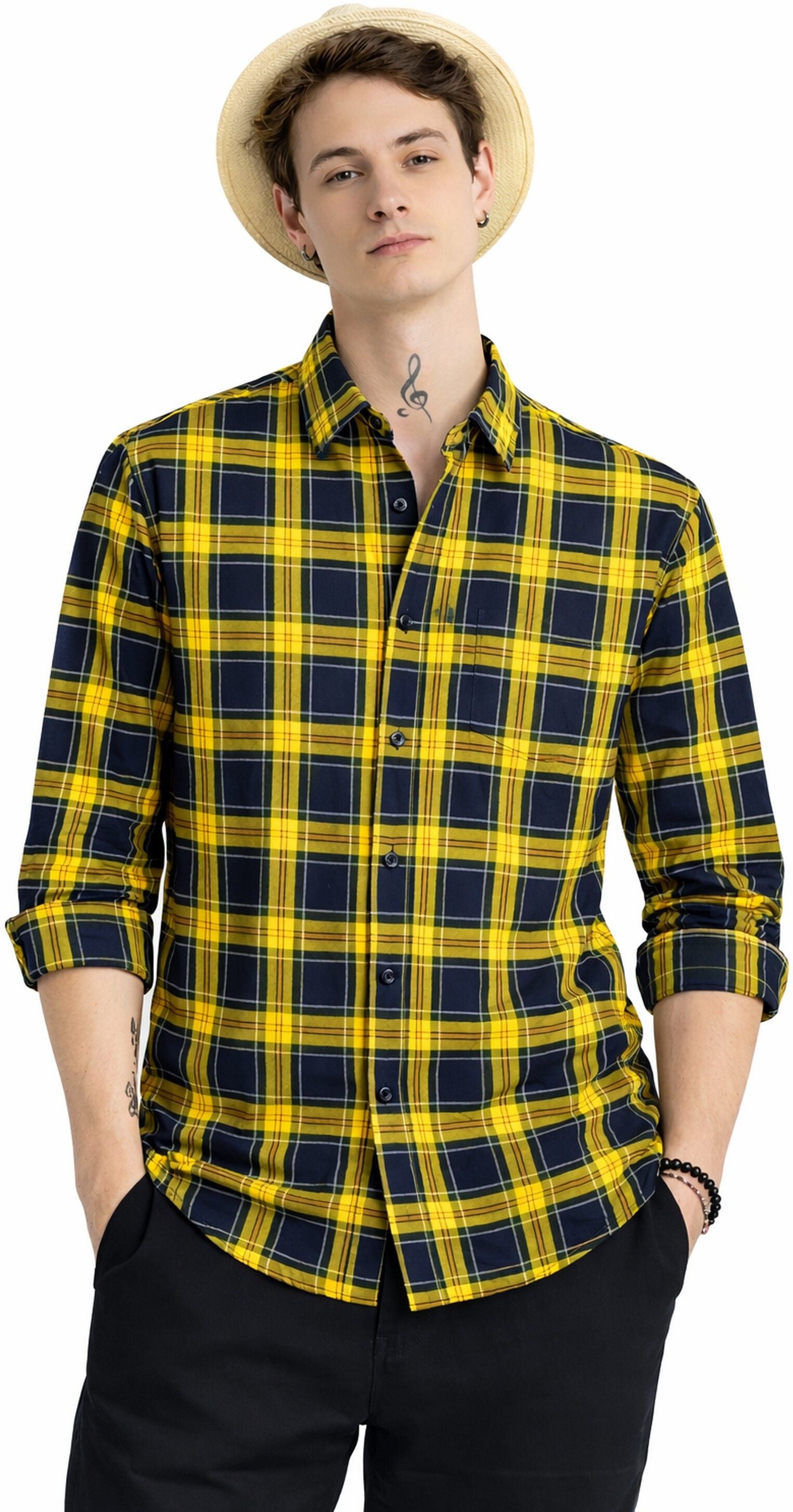 Henshika Men Printed Striped Casual Full Sleeve Shirt – Raja – Yellow&Blue - Front View