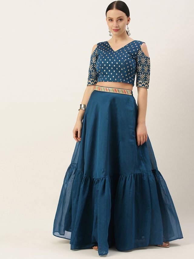 Bollywood Vogue Ready To Wear Blue Chanderi Embroidered Blouse N Blue Skirt
