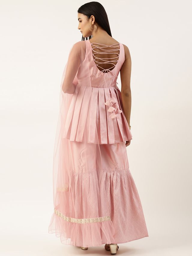Bollywood Vogue Ready To Wear Rouge Pink Art Silk Kurta N Gharara Set