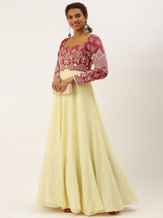 Bollywood Vogue Ready To Wear Mauve Embroidered Off White Georgette Gown
