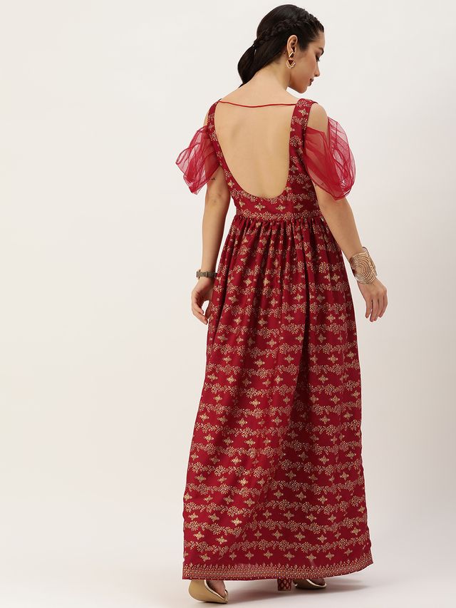 Bollywood Vogue Ready To Wear Maroon Art Silk Foil Printed Gown