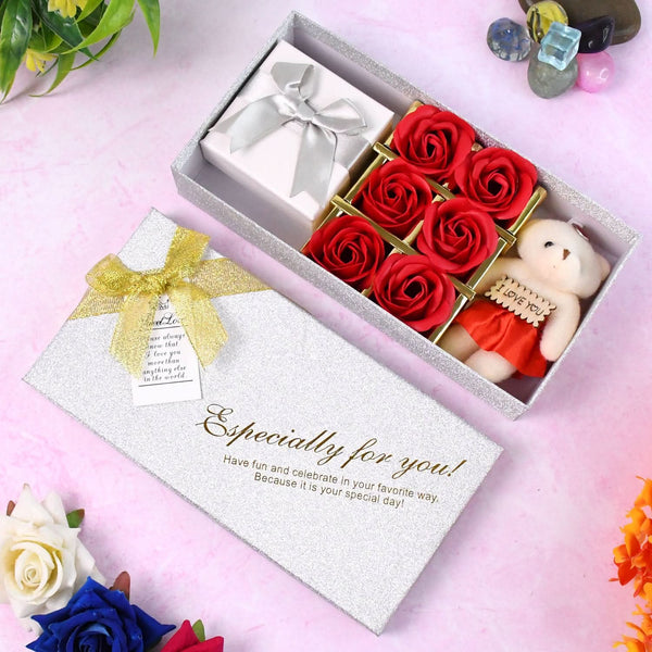 Valentine Gift Set – Teddy & Scented Rose Flower Box