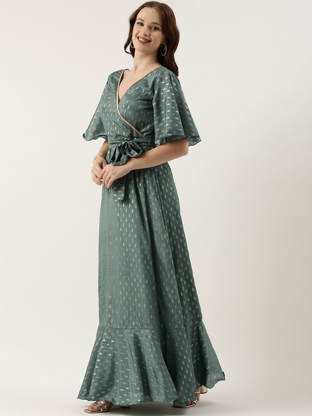 Bollywood Vogue Ready To Wear Green Chinon Foil Printed Gown
