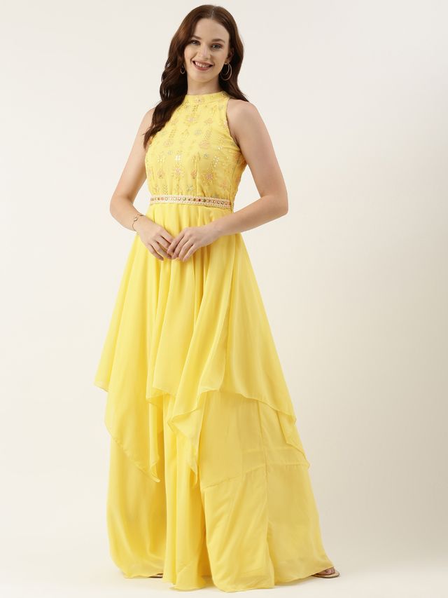 Bollywood Vogue Ready To Wear Yellow Embroidered Handkerchief Gown