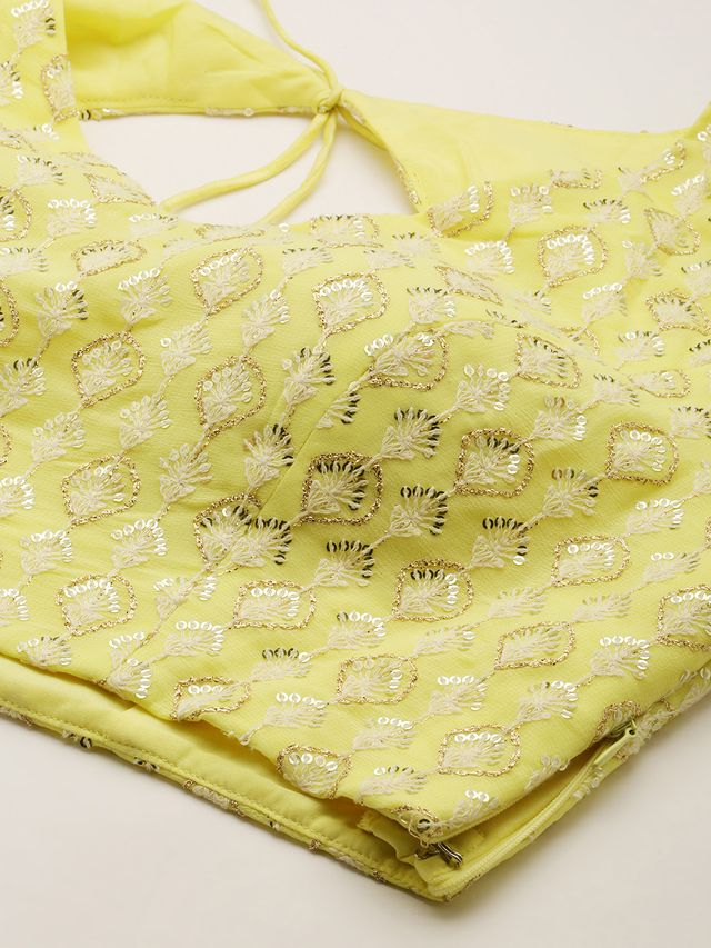 Bollywood Vogue Ready To Wear Lemon Yellow Embroidered Low V Neck Lehenga Set