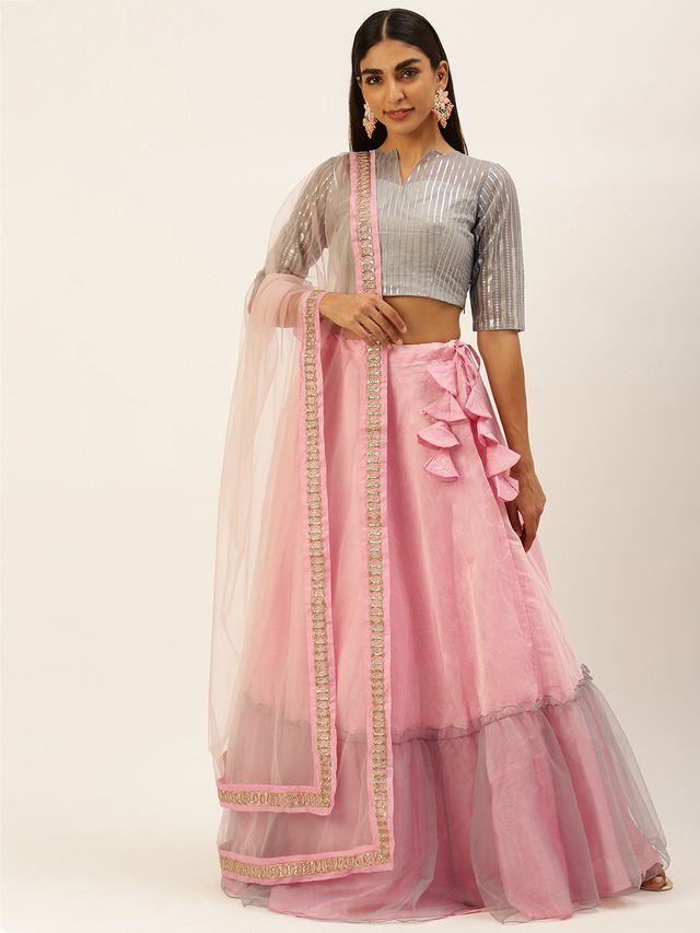 Bollywood Vogue Ready To Wear Grey Embroidered Peplum Lehenga Set