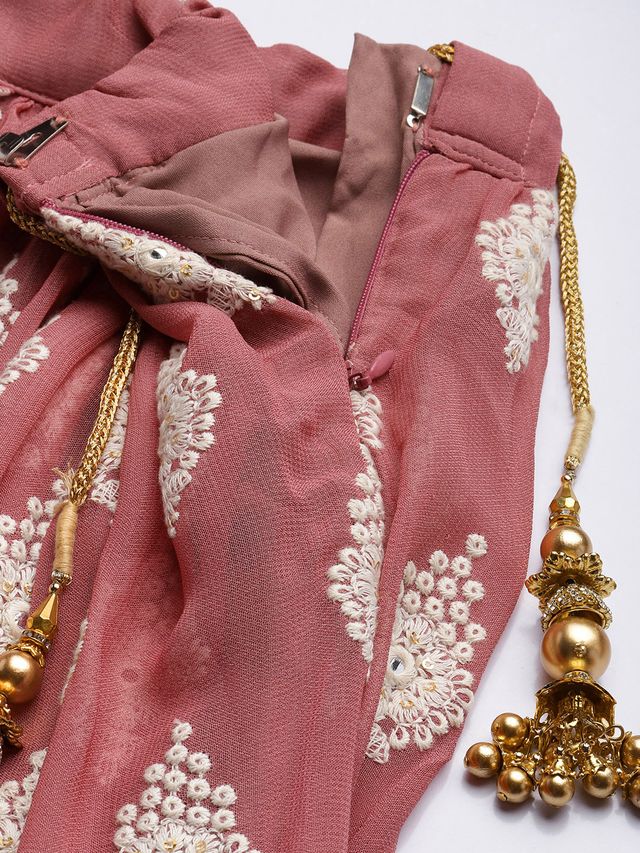 Bollywood Vogue Ready To Wear Off White N Brown Embroidered Lehenga Set