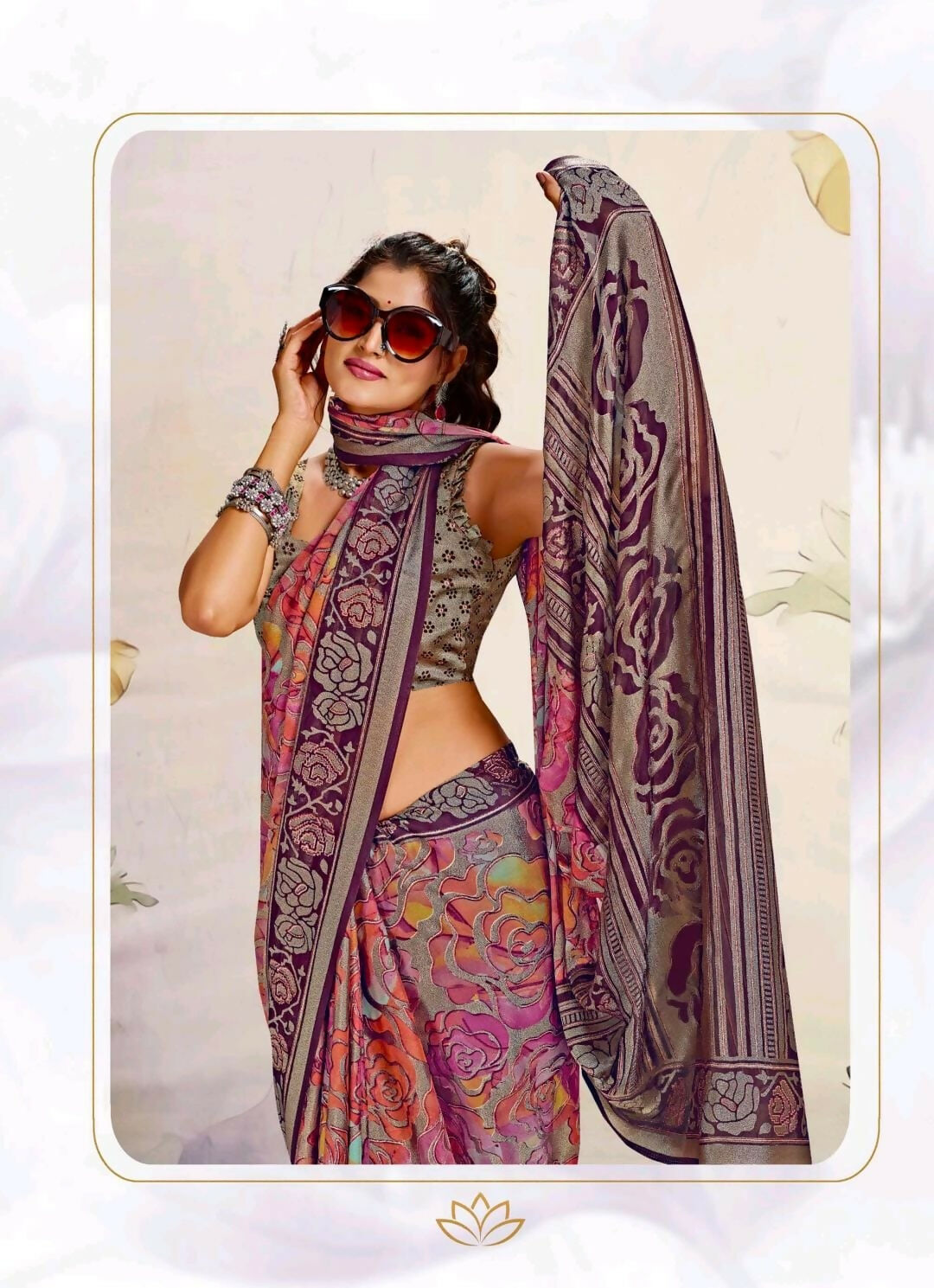 Vintage Rose Aura Synthetic Brasso Saree with Ornate Contrast Border Kalyani silks and sarees