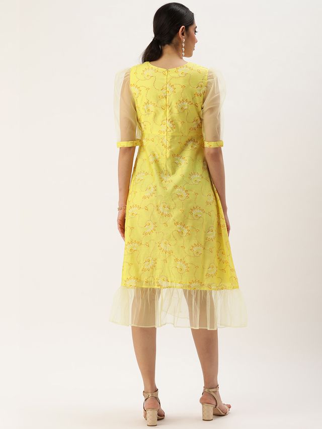 Bollywood Vogue Ready To Wear Yellow Foil Printed A Line Dress