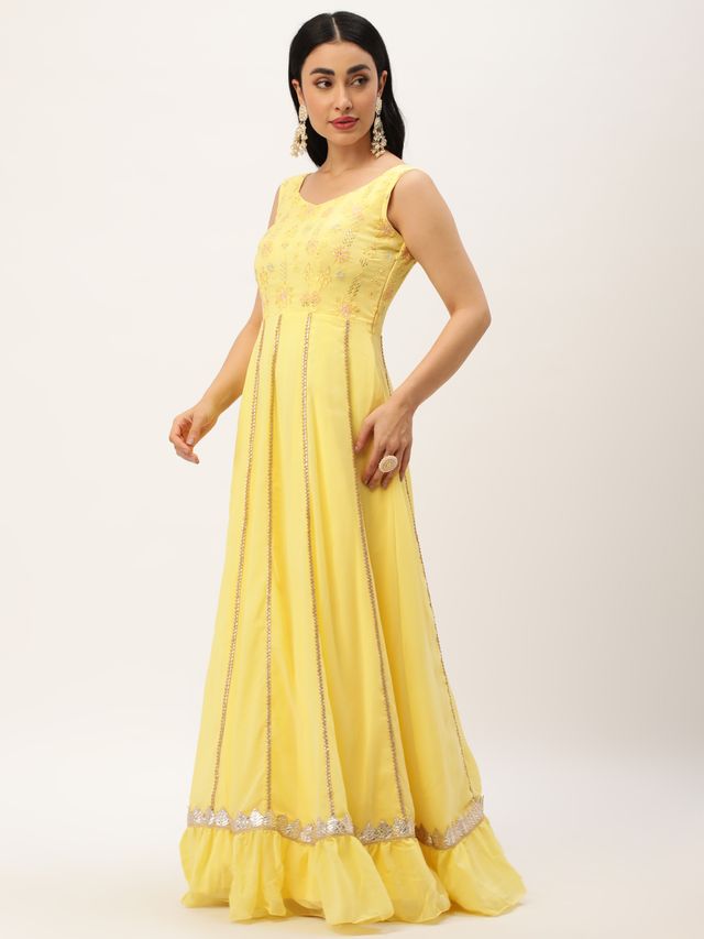 Bollywood Vogue Ready To Wear Yellow Embroidered Georgette Kali Gown