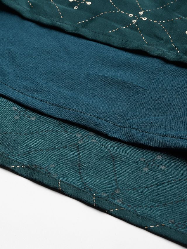 Bollywood Vogue Ready To Wear Teal Green Art Silk Foil Printed Gown
