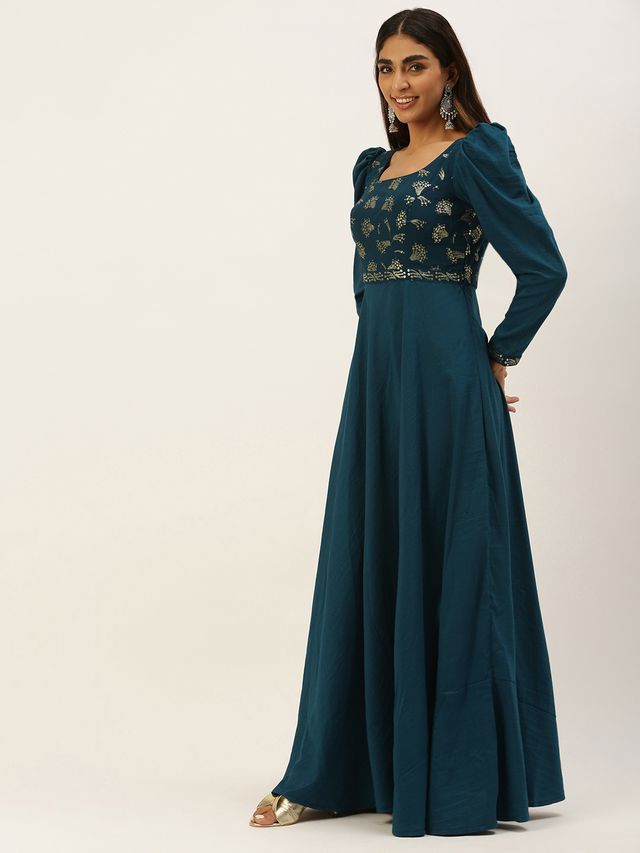 Bollywood Vogue Ready To Wear Teal Blue Georgette Embroidered N Art Silk Gown