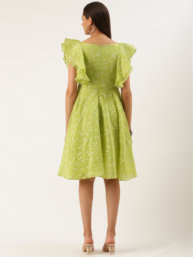 Bollywood Vogue Ready To Wear Green Blended Cotton Foil Printed Ruffled Dress