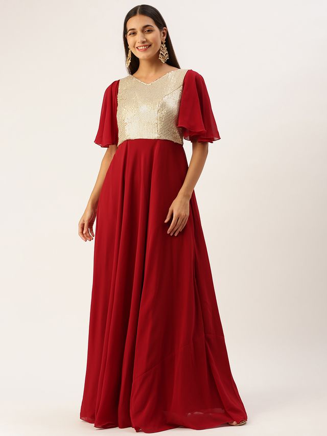 Bollywood Vogue Ready To Wear Maroon N Silver Sequins Embroidered Georgette Gown
