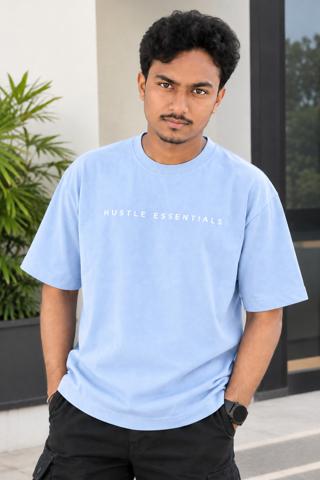 Men's Hustle Essentials Oversized Light Sky Blue T-Shirt | Relaxed Fit Casual Tee