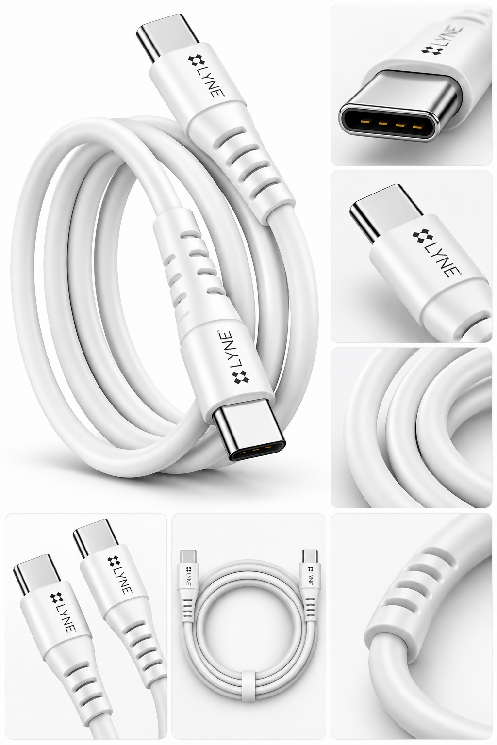 LYNE Flexy 80C Fusion Series 120W Type-C to Type-C Data Cable – 1 Metre, White