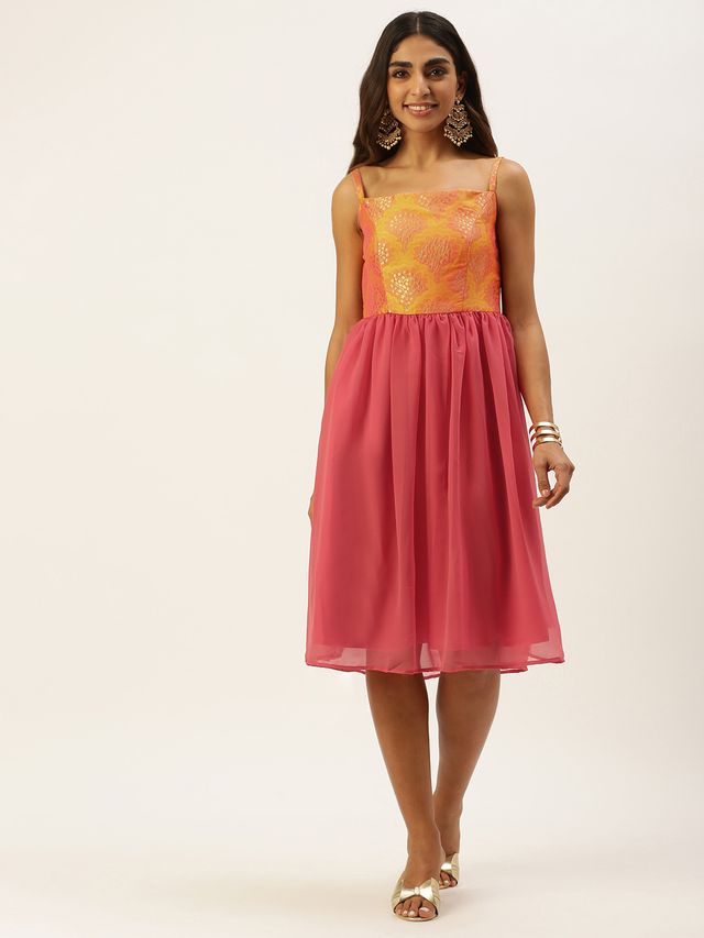 Bollywood Vogue Ready To Wear Mustard Taffeta Jacquard N Pink Dress