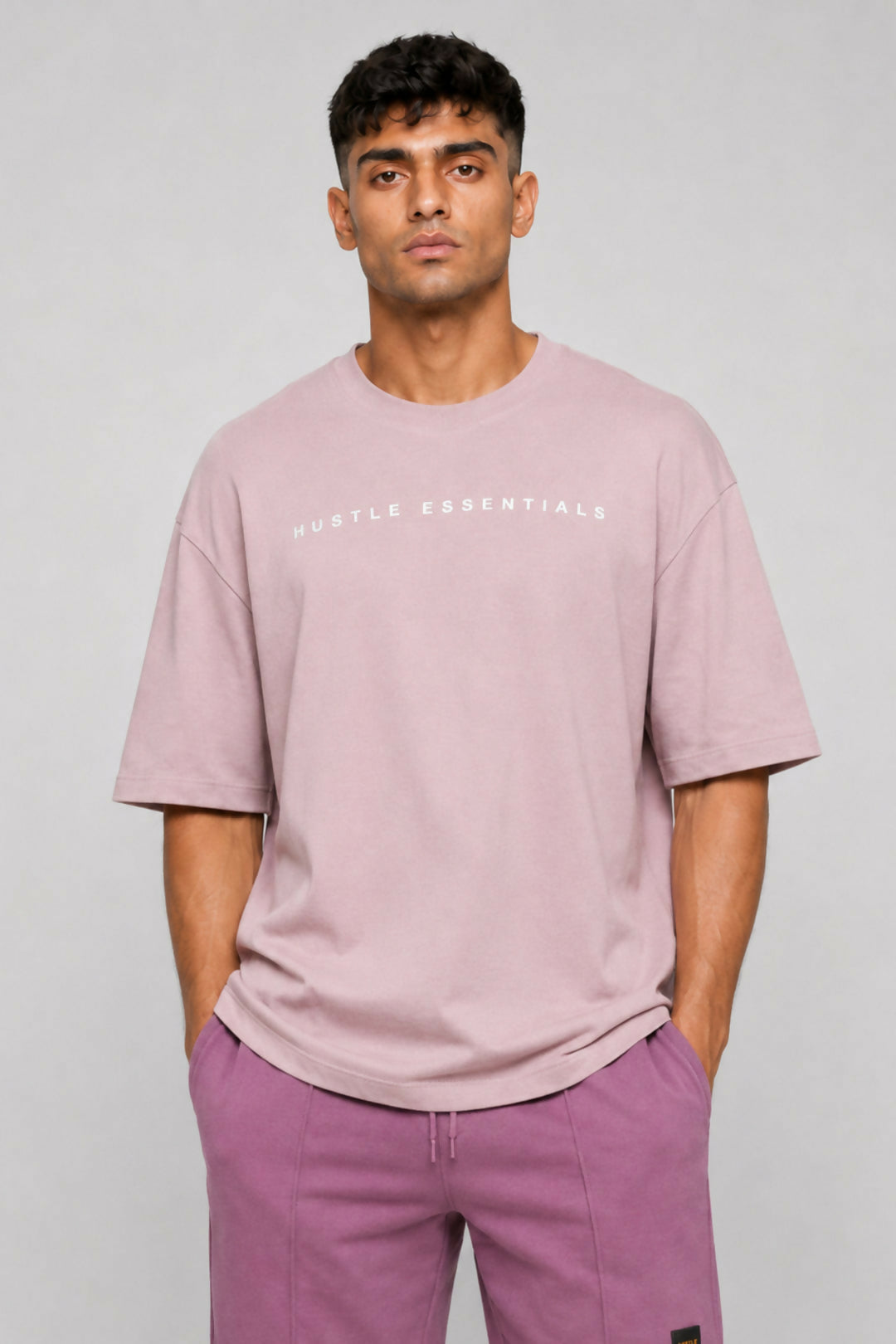 HUSTLE Essentials Men's Crew Neck Oversized T-Shirt – Pink(Oversized fit)