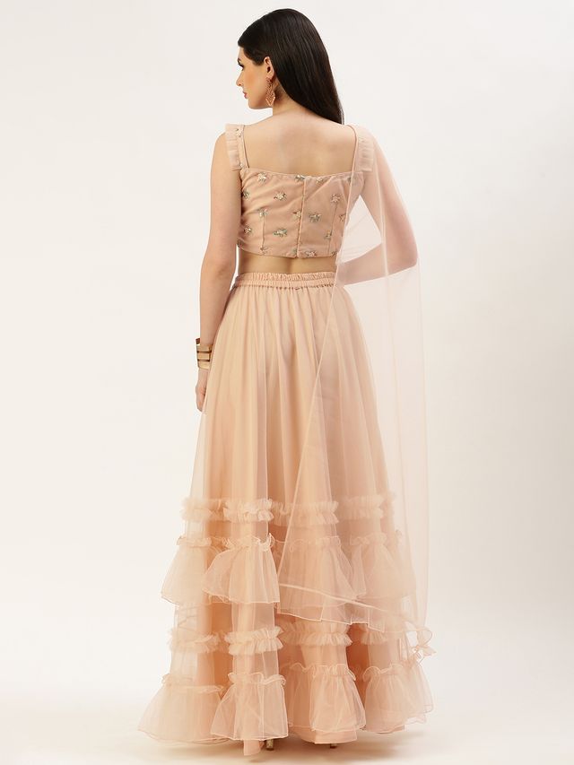 Bollywood Vogue Ready To Wear Light Peach Net Sequins Embroidered Lehenga